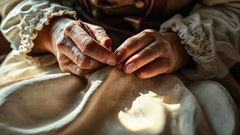 A photorealistic close-up of a skilled artisan's hands meticulously stitching a piece of historically accurate period clothing using traditional methods, with natural light falling on the fabric and tools. Cinematic lighting, sharp focus on the hands and needle, depth of field, 8K hyper-detailed, professional photography, shot on a high-end DSLR.