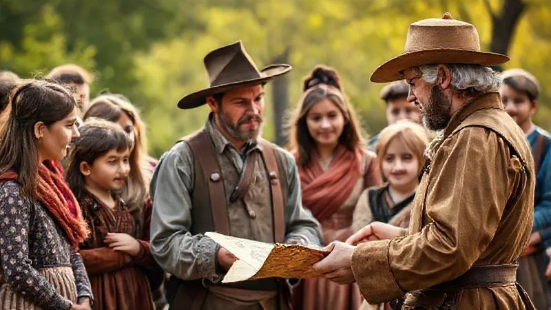 A photorealistic image of a diverse group of families and children intently listening to a historical reenactor, dressed in period costume, explaining an antique map or artifact. The scene is outdoors, with warm, natural lighting, sharp focus on the reenactor and audience, depth of field blurring the background, 8K hyper-detailed, professional photography, shot on a high-end DSLR.