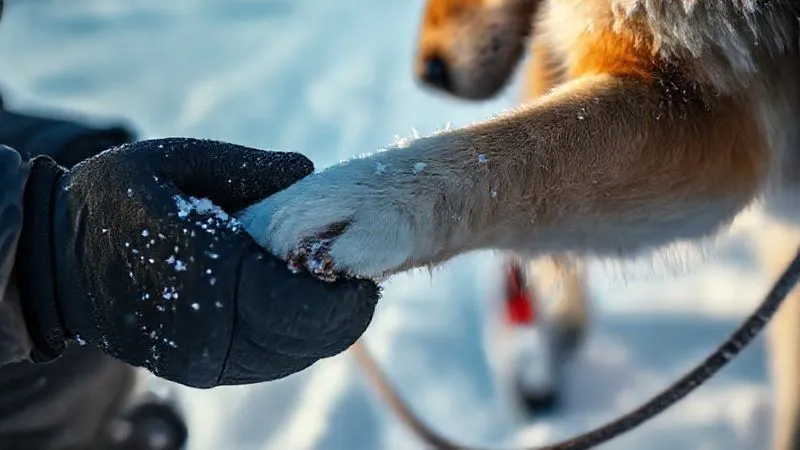 A close-up, photorealistic, professional photography shot of a musher's gloved hands gently examining the paw of a sled dog, with snow and a portion of a sled visible in the blurred background. Cinematic lighting, sharp focus on the interaction, depth of field. 8K hyper-detailed, shot on a high-end DSLR, conveying care and expertise.