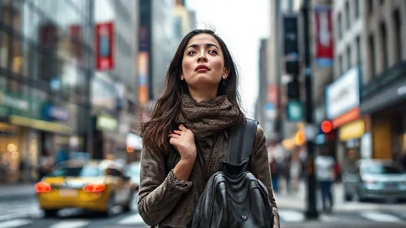 A photorealistic image of a solo female traveler standing calmly at a busy street corner in a foreign city, taking a deep breath and observing her surroundings, hand gently resting on a small backpack. Professional photography, 8K, cinematic lighting, sharp focus on her composed expression, depth of field blurring the urban background.