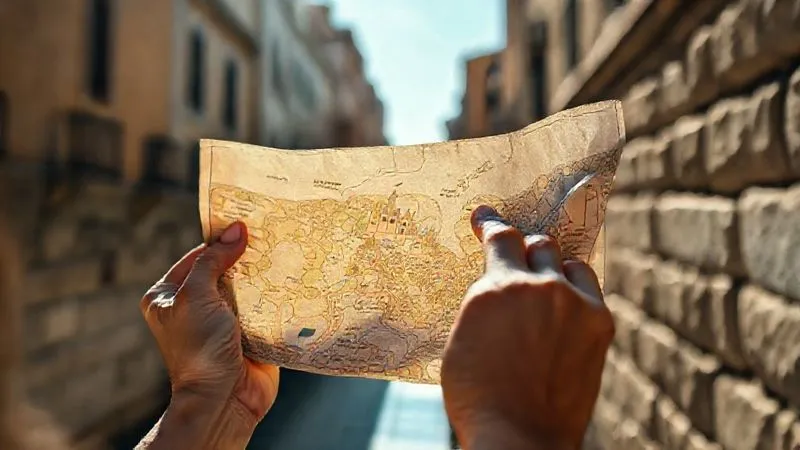 A close-up, photorealistic image of hands holding an unfolded, slightly worn paper map of a historic city, a finger pointing to a specific landmark. Sunlight filters through nearby buildings, creating soft shadows. Professional photography, 8K, cinematic lighting, sharp focus on the map and hands, depth of field blurring the background of a stone wall.