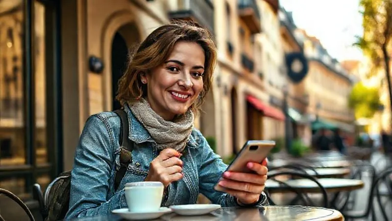 A photorealistic image of a solo female traveler, smiling subtly, sipping coffee at an outdoor Parisian cafe, her phone displaying a re-established network signal. Ancient buildings line the background, bathed in warm afternoon light. Professional photography, 8K, cinematic lighting, sharp focus on her content face and the phone, depth of field blurring the charming street scene.