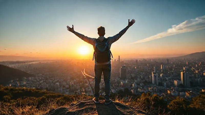 A photorealistic image of a traveler standing confidently on a hill overlooking a vibrant foreign city, arms outstretched slightly, feeling a sense of triumph and relief. The sun is setting, casting a golden glow over the city. Professional photography, 8K, cinematic lighting, sharp focus on the traveler, depth of field blurring the expansive cityscape below.