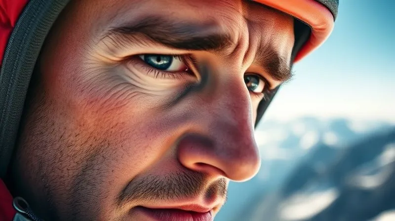 A close-up, photorealistic image of a climber's face showing signs of fatigue and slight disorientation, with the vast, blurred expanse of a mountain range in the background, cinematic lighting, sharp focus on the climber's eyes, depth of field, 8K, professional photography.