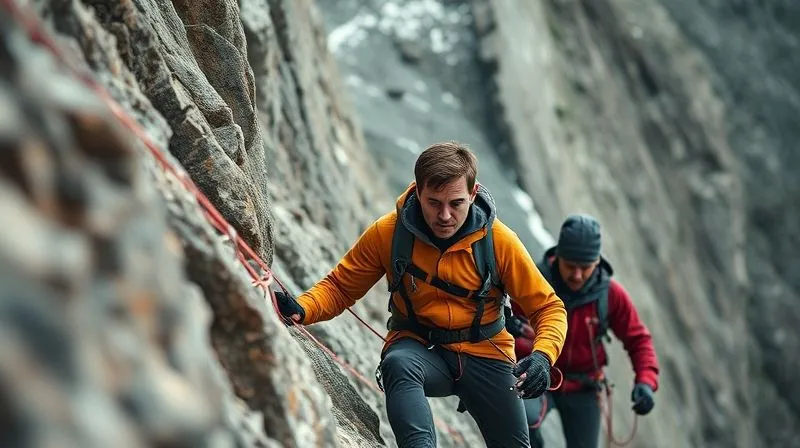 A photorealistic, professional photography, 8K, cinematic lighting, sharp focus, depth of field, shot on a high-end DSLR, a team of three climbers carefully descending a steep, rocky face, one climber being assisted by two others, their faces grim but determined, a sense of teamwork and mutual support in a challenging environment.