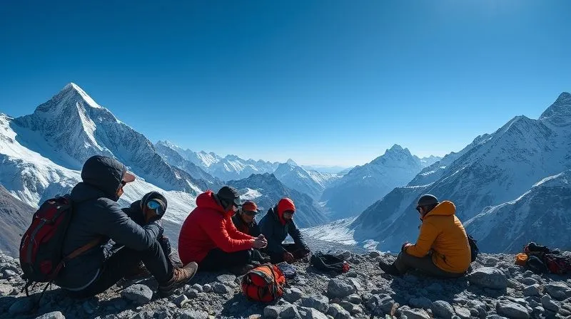 A photorealistic image of a group of climbers taking a rest at a scenic high-altitude camp, surrounded by majestic snow-capped peaks under a clear blue sky, showing a sense of calm and proper acclimatization, 8K, cinematic lighting, professional photography.