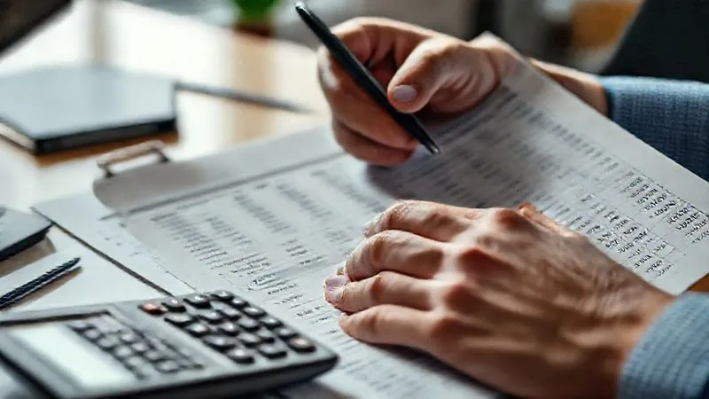 A photorealistic, professional photography, 8K, cinematic lighting, sharp focus, depth of field, shot on a high-end DSLR. A close-up of a hand carefully reviewing a detailed financial ledger or spreadsheet, with a calculator and a pen nearby. The lighting is focused on the document, highlighting numbers and financial terms, conveying a sense of meticulous financial planning and mitigation strategy. The background is softly blurred, suggesting a busy office environment.