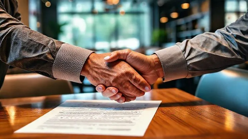 A photorealistic, professional photography, 8K, cinematic lighting, sharp focus, depth of field, shot on a high-end DSLR. A close-up of two hands, one belonging to a culinary tour operator and the other to a restaurant owner, firmly shaking hands over a beautifully designed, open contract document on a polished wooden table. The focus is on the handshake and the contract, symbolizing a strong, formal, and mutually beneficial partnership agreement. The background shows a modern, inviting restaurant interior, softly blurred.