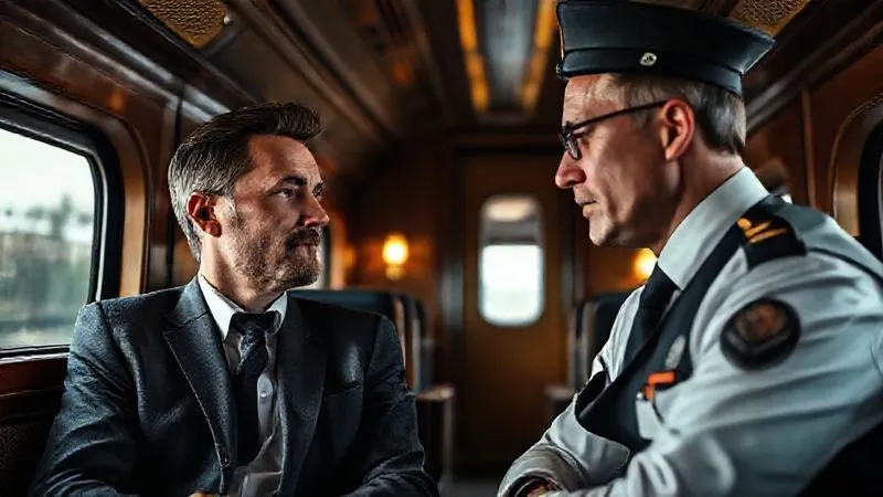 A photorealistic, professional photography, 8K, cinematic lighting, sharp focus, depth of field, shot on a high-end DSLR. A well-dressed passenger, looking calm and composed, engaging in a respectful conversation with a uniformed luxury train manager in a sophisticated lounge car. The manager is attentively listening, suggesting professionalism and problem-solving.