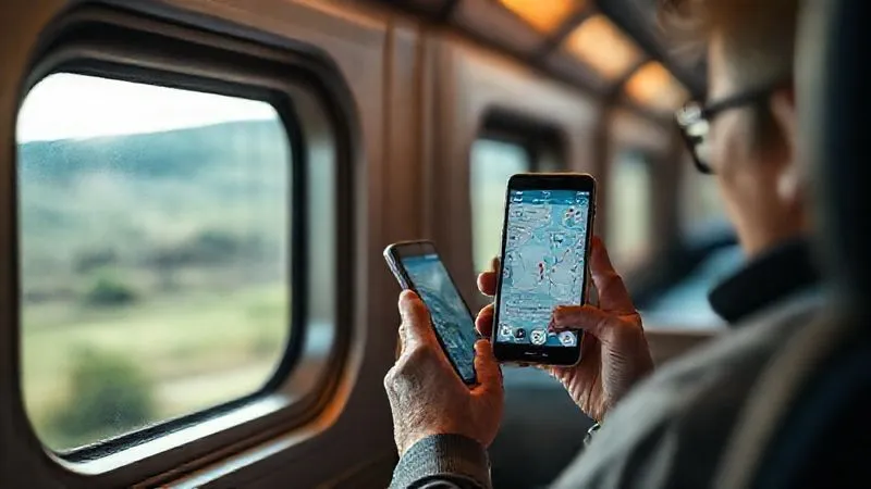 A photorealistic, professional photography, 8K, cinematic lighting, sharp focus, depth of field, shot on a high-end DSLR. A passenger in a luxurious train cabin, looking out a window at a serene, slightly blurred landscape, holding a smartphone with a travel app open, showing a map or an update, conveying calm awareness and thoughtful planning.