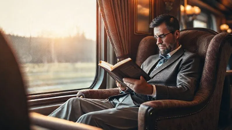 A photorealistic, professional photography, 8K, cinematic lighting, sharp focus, depth of field, shot on a high-end DSLR. A serene passenger in a lavish luxury train lounge, comfortably seated on an opulent armchair, engrossed in reading a classic novel. Soft, warm light filters through a large window, highlighting the elegant decor, conveying tranquility amidst an implied delay.