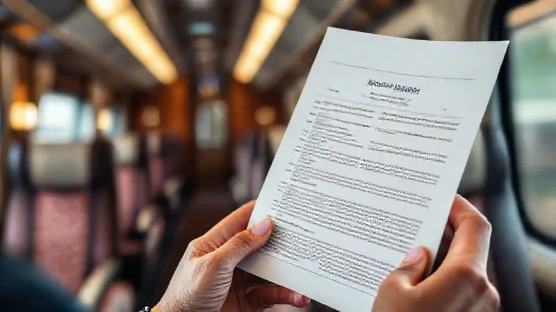 A photorealistic, professional photography, 8K, cinematic lighting, sharp focus, depth of field, shot on a high-end DSLR. A close-up shot of elegant hands holding and reviewing a detailed travel insurance policy document, with a blurred background showing the plush interior of a luxury train. The focus is on the text, suggesting careful consideration.