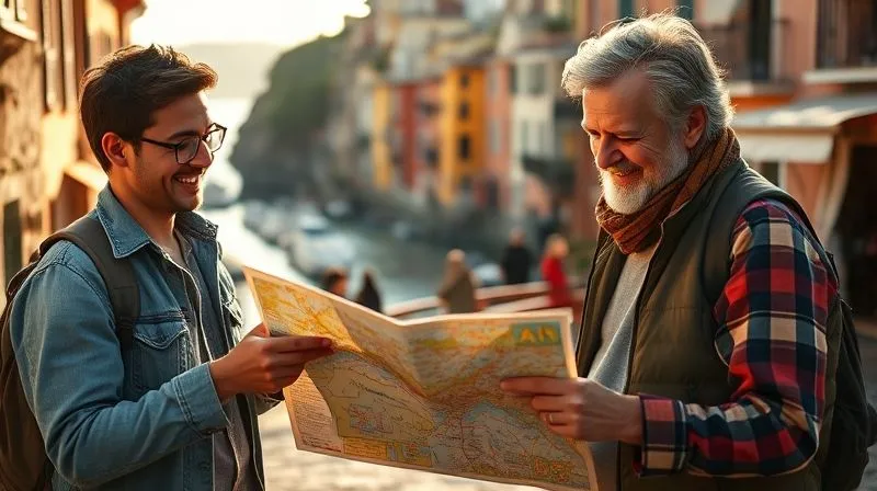 A traveler consulting a detailed local map with a friendly, smiling local pointing out a hidden gem, a charming coastal town with colorful buildings and a harbor in the background, warm afternoon light, photorealistic, professional photography, 8K, cinematic lighting, sharp focus on the map and faces, depth of field blurring the background, shot on a high-end DSLR.