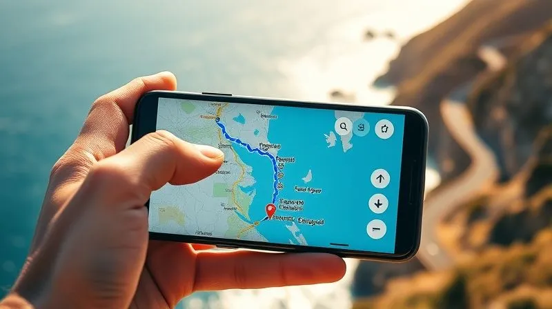 A smartphone displaying a detailed map with an alternative coastal route highlighted in vibrant blue, a hand holding the phone, a stunning, sun-drenched coastal vista with a winding road and distant cliffs visible in the background, sharp focus on the phone screen, depth of field blurring the background, photorealistic, professional photography, 8K, cinematic lighting, shot on a high-end DSLR.