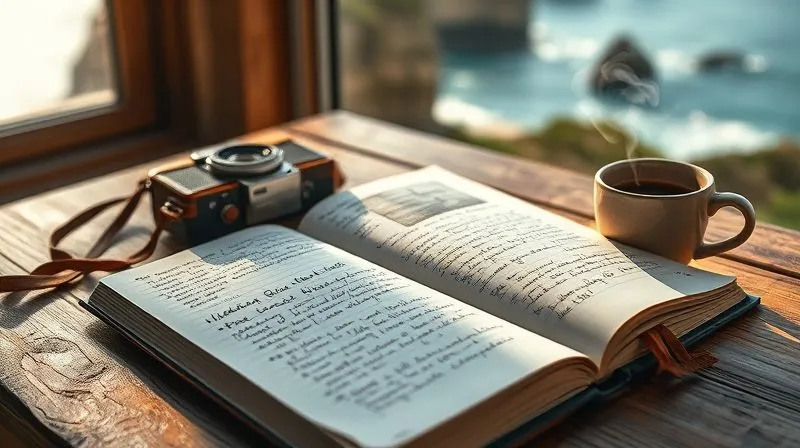 A travel journal open to a page filled with handwritten notes and quick sketches of a secluded beach, a vintage camera resting beside it, a small, unique seashell, and a steaming cup of coffee, all bathed in soft, natural morning light from a window overlooking a coastal landscape, photorealistic, professional photography, 8K, cinematic lighting, sharp focus on the journal, depth of field blurring the background, shot on a high-end DSLR.