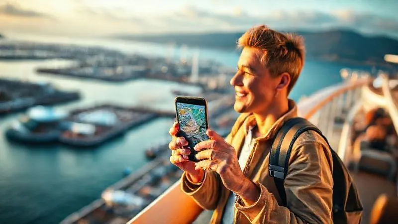 A professional photorealistic image of a traveler looking out from a cruise ship's balcony at a vibrant port city, holding a smartphone with an open map app, a thoughtful yet excited expression on their face. The scene is bathed in golden hour cinematic lighting, sharp focus on the traveler and phone, depth of field blurring the port, 8K hyper-detailed, shot on a high-end DSLR.
