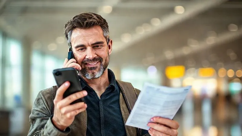 A photorealistic image of a traveler calmly making a phone call on a smartphone, holding a crumpled booking confirmation in the other hand, with a blurred hotel lobby or airport background. The focus is on the determined expression and the act of communication. Cinematic lighting, sharp focus, depth of field, 8K hyper-detailed, shot on a high-end DSLR.