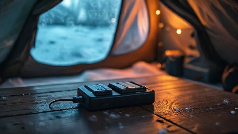 A photorealistic image of a camera battery charger with two batteries slowly warming up on a wooden table inside a cozy, dimly lit tent, with frost visible on the outside of the tent flap in the background, conveying a sense of careful warmth and recovery after a cold shoot. Professional photography, 8K, cinematic lighting, sharp focus, depth of field, shot on a high-end DSLR.