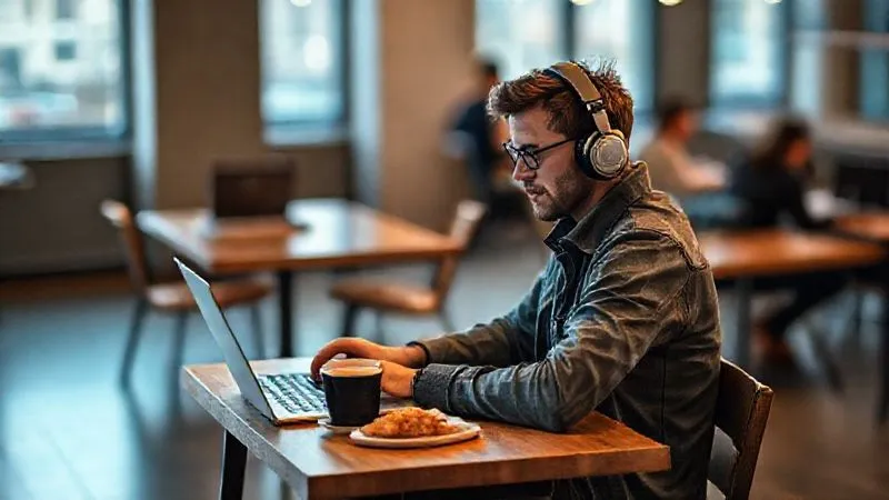 A photorealistic image of a lone backpacker, mid-30s, sitting at a small, sturdy wooden desk inside a quiet, well-lit co-working space in a bustling foreign city. They are wearing noise-canceling headphones, intensely focused on their laptop screen. A cup of coffee and a local pastry are on the desk. The background is slightly blurred, showing other remote workers in a professional yet relaxed setting. Cinematic lighting, sharp focus on the individual, depth of field, 8K hyper-detailed, shot on a high-end DSLR.