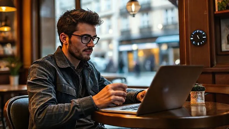 A photorealistic, professional photography, 8K, cinematic lighting, sharp focus, depth of field, shot on a high-end DSLR. A digital nomad in a cozy cafe in a European city, laptop open, has a world clock app open on their phone showing different time zones. They are strategically planning their day with a coffee, looking determined and organized. The cafe is softly lit, with a view of a historic street outside.