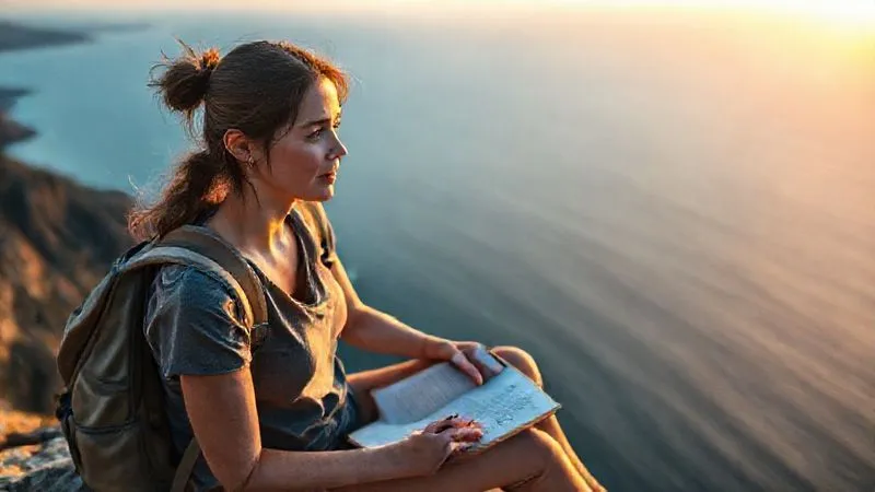 A photorealistic, professional photography, 8K, cinematic lighting, sharp focus, depth of field, shot on a high-end DSLR. A solo female backpacker, mid-20s, sits thoughtfully on a cliff overlooking a vast, serene ocean at sunset. She has a journal open in her lap, pen in hand, reflecting on her experiences. Her expression is calm and contemplative, suggesting wisdom gained from challenges. The light is golden and soft, emphasizing peace and reflection.
