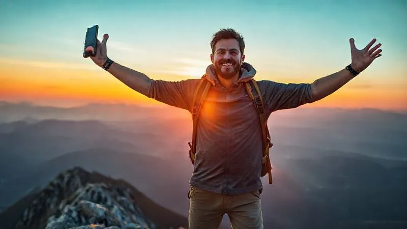 A photorealistic, professional photography, 8K, cinematic lighting, sharp focus, depth of field, shot on a high-end DSLR. A confident solo backpacker, male, mid-30s, stands at the peak of a mountain overlooking a vast, beautiful landscape, arms outstretched in a gesture of triumph and freedom. They are holding a smartphone in one hand, smiling, having just resolved a critical issue. The sun is setting, casting a warm, hopeful glow. The image conveys mastery over challenges and the joy of independent adventure.
