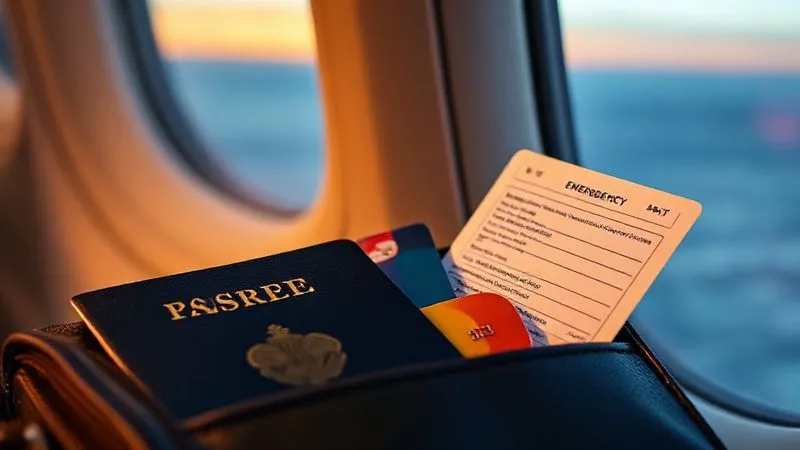 A photorealistic, professional photography, 8K, cinematic lighting, sharp focus, depth of field, shot on a high-end DSLR image of a neatly organized travel wallet, featuring a passport, a specialized medical travel insurance card, a credit card, and a laminated emergency contact list, all against a subtly blurred background of an airplane window view at dusk, conveying preparation and peace of mind.