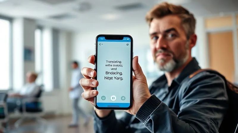 A photorealistic, professional photography, 8K, cinematic lighting, sharp focus, depth of field, shot on a high-end DSLR image of a traveler in a hospital waiting room abroad, holding a smartphone displaying a translation app with a medical phrase, looking slightly anxious but determined, with a nurse or doctor in the background engaging with another patient, conveying the challenge of language barriers but also the availability of tools to overcome them.