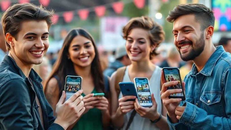 A professional photography image of a diverse group of young adults, smiling and chatting, holding smartphones that display various social media apps with festival-related posts. The background is a vibrant, slightly blurred festival ground, suggesting community connection. Cinematic lighting, sharp focus on the faces and phones, depth of field. 8K hyper-detailed, shot on a high-end DSLR, capturing a sense of shared experience and digital networking.