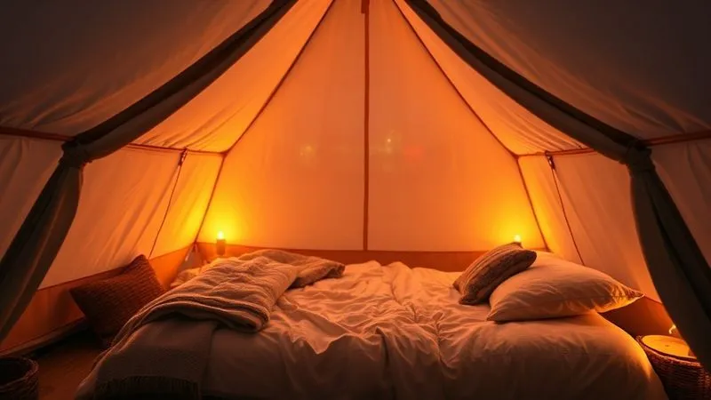 A photorealistic professional photography image of a cozy, well-lit glamping tent interior, complete with a comfortable bed, warm blankets, and subtle ambient lighting, suggesting a comfortable alternative to traditional hotels. Outside, the blurry lights of a festival are visible. Cinematic lighting, sharp focus on the tent interior, depth of field. 8K hyper-detailed, shot on a high-end DSLR.