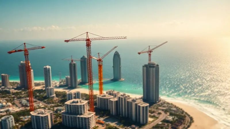 A photorealistic, professional photography, 8K, cinematic lighting, sharp focus, depth of field shot of a bustling coastal city skyline with multiple construction cranes towering over new hotel developments near a pristine beach. The scene should convey rapid, somewhat intrusive growth, with the ocean sparkling in the background, partially obscured by the new structures.