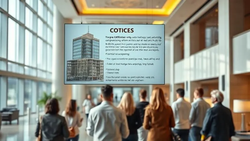 A photorealistic, professional photography, 8K, cinematic lighting, sharp focus, depth of field shot of a sleek, modern hotel lobby with a large digital display showing a detailed, transparent construction notice for an adjacent building, including timelines and potential view impacts. A diverse group of guests are calmly reviewing the information, suggesting a proactive approach to guest communication.