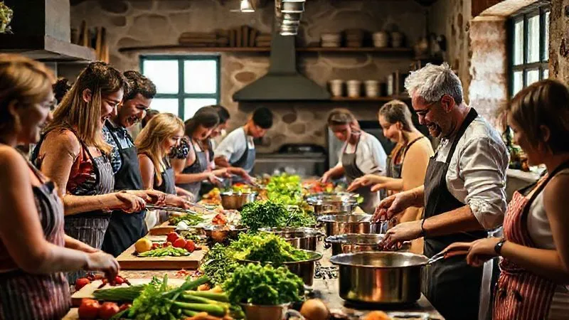 photorealistic, professional photography, 8K, cinematic lighting, sharp focus, depth of field, shot on a high-end DSLR. A vibrant, bustling cooking class in a rustic yet modern kitchen setting in Italy. Participants of diverse ages are actively engaged, chopping vegetables, stirring pots, and laughing, with a knowledgeable Italian chef guiding them. Fresh ingredients are artfully displayed, and warm, inviting light fills the space, emphasizing community and culinary delight.