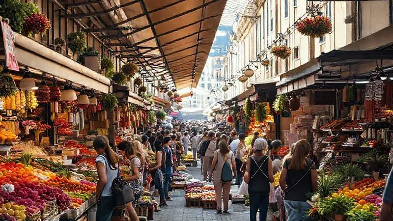photorealistic, professional photography, 8K, cinematic lighting, sharp focus, depth of field, shot on a high-end DSLR. A bustling, colorful open-air market in a European city, filled with diverse people browsing stalls overflowing with fresh produce, flowers, and artisanal goods. Sunlight streams through an awning, highlighting the textures and vibrant colors. The scene should feel lively, authentic, and full of local charm.