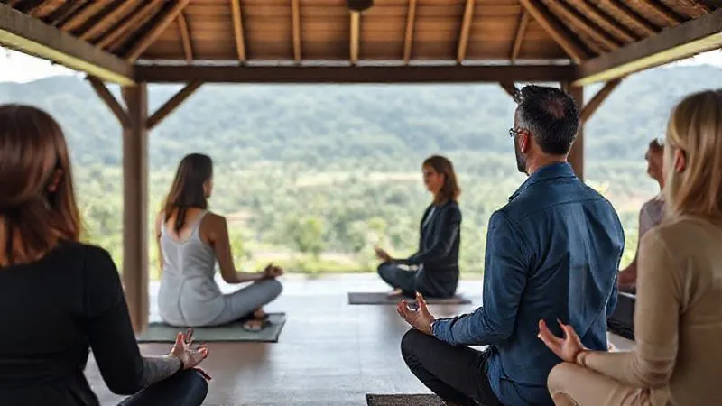 Photorealistic professional photography of a diverse group of executives practicing guided meditation in a serene, open-air pavilion overlooking a lush, tranquil landscape at a luxury wellness resort. The scene is bathed in soft, natural light, with sharp focus on their calm expressions and depth of field blurring the background. 8K hyper-detailed, cinematic lighting.
