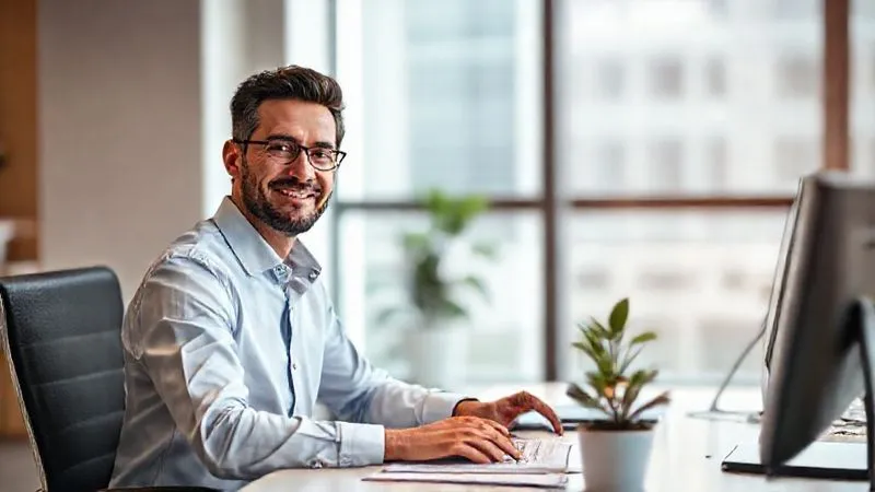 Photorealistic professional photography of an executive looking refreshed and focused, working calmly at a clean, minimalist desk in a modern office, a small potted plant adding a touch of nature. The executive is smiling subtly, radiating a sense of well-being and control. Cinematic lighting, sharp focus on the executive, depth of field blurring the background. 8K hyper-detailed.