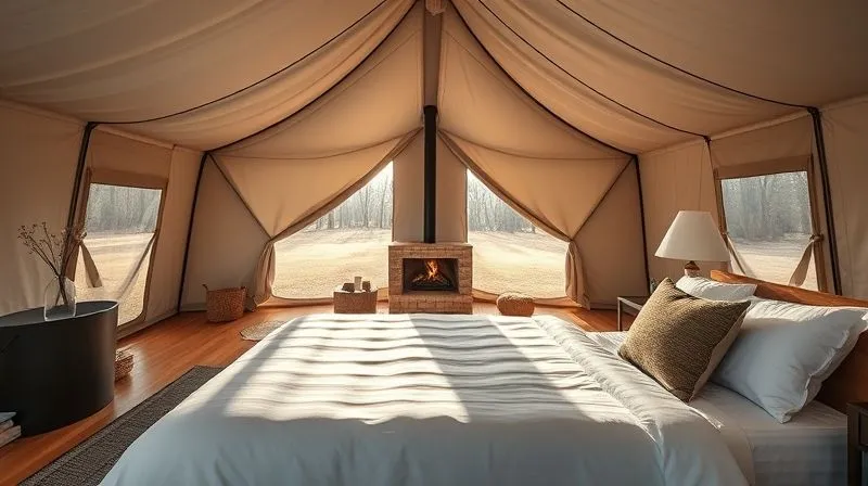 photorealistic, professional photography, 8K, cinematic lighting, sharp focus, depth of field, shot on a high-end DSLR, a beautifully designed glamping tent interior, featuring a plush king-size bed with crisp white linens, a warm, inviting fireplace, and a private, spa-like en-suite bathroom visible, all within a natural, elegant setting, soft morning light streaming in.