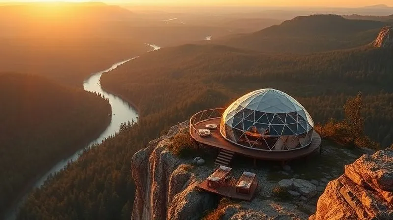 photorealistic, professional photography, 8K, cinematic lighting, sharp focus, depth of field, shot on a high-end DSLR, a secluded, luxurious glamping dome nestled on a cliff edge overlooking a vast, pristine forest and a winding river, the scene bathed in the golden light of sunset, emphasizing extreme privacy and a unique, breathtaking view, emotionally resonant.