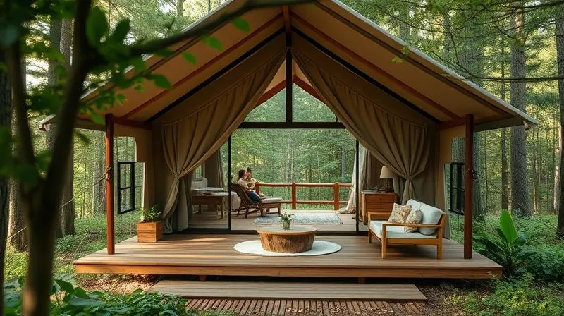 photorealistic, professional photography, 8K, cinematic lighting, sharp focus, depth of field, shot on a high-end DSLR, a beautifully designed, eco-friendly glamping tent blending seamlessly into a lush forest, with natural wood elements, large windows opening to the trees, and a private outdoor deck with comfortable seating, emphasizing sustainable design and genuine connection to nature, emotionally resonant.